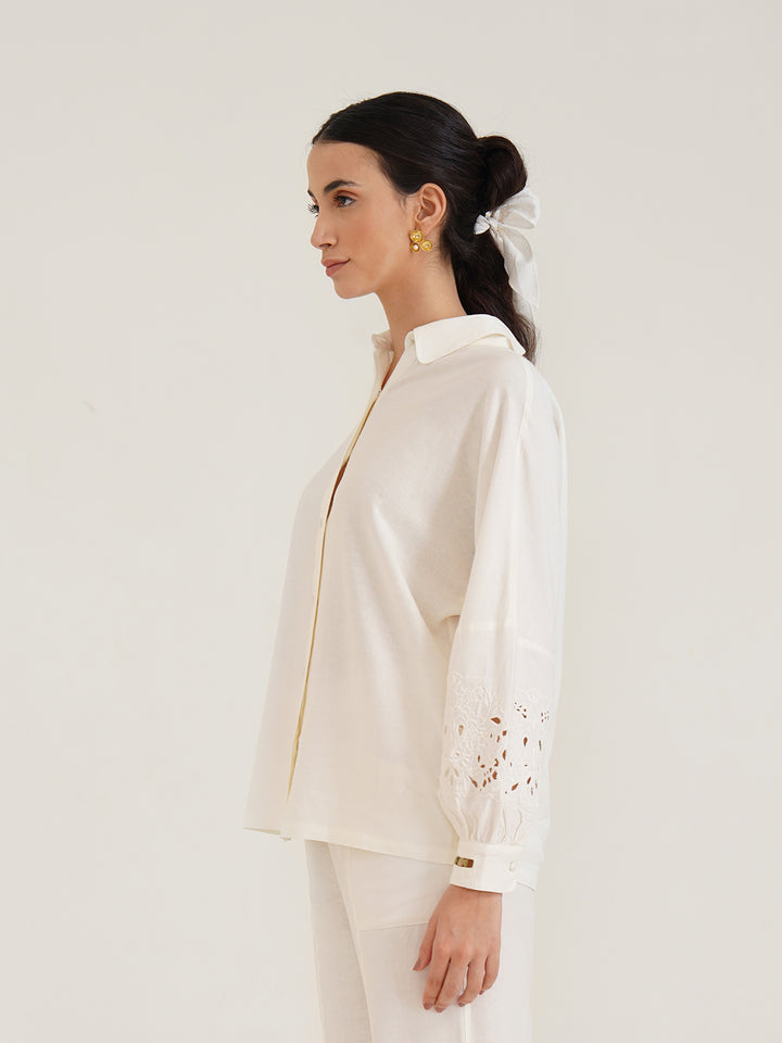 AESON - Linen Shirt with Cutwork Embroidered Sleeves