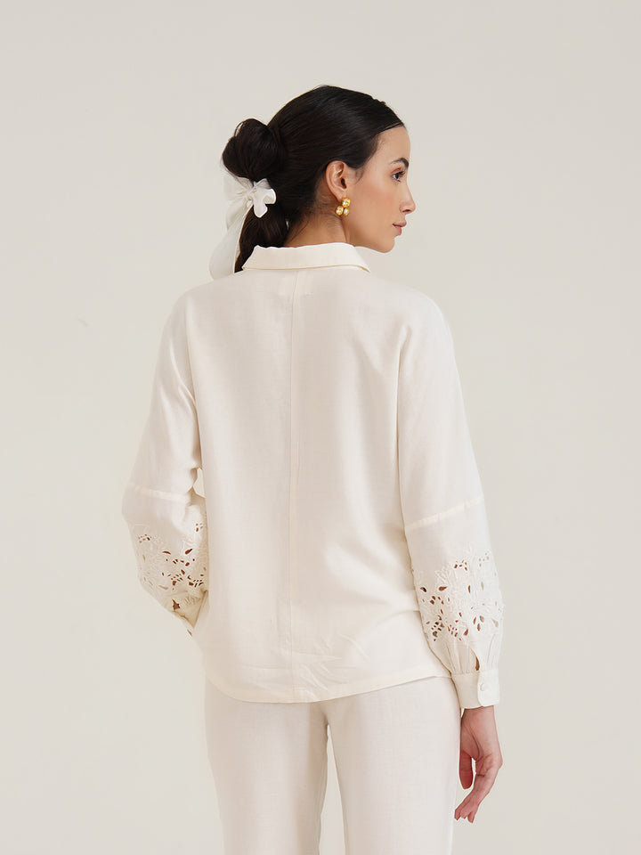 AESON - Linen Shirt with Cutwork Embroidered Sleeves