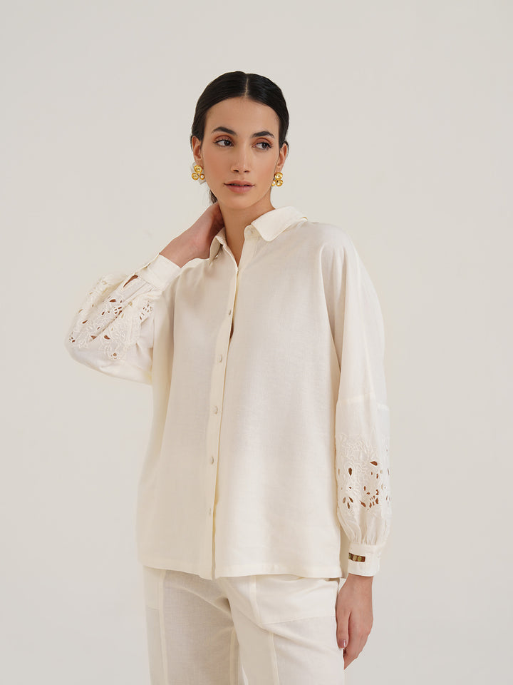 AESON - Linen Shirt with Cutwork Embroidered Sleeves