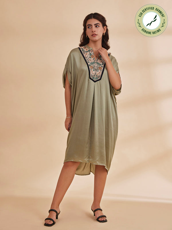 ELLABA - Draped Satin Kaftan Dress with Floral Embroidery