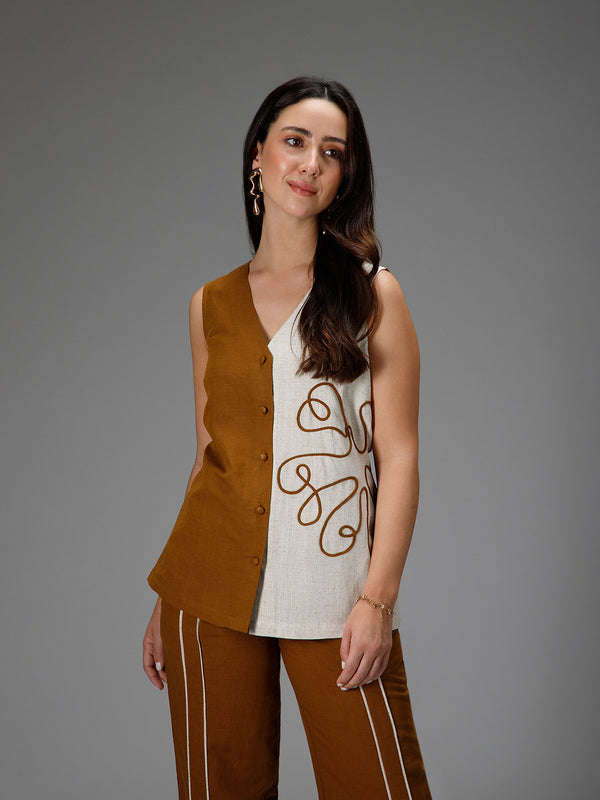 HAZELNUT - Waistcoat Top with Cord Embroidery