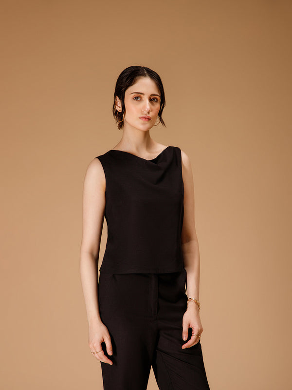 Taani Viscose Linen Cowl Top – Black