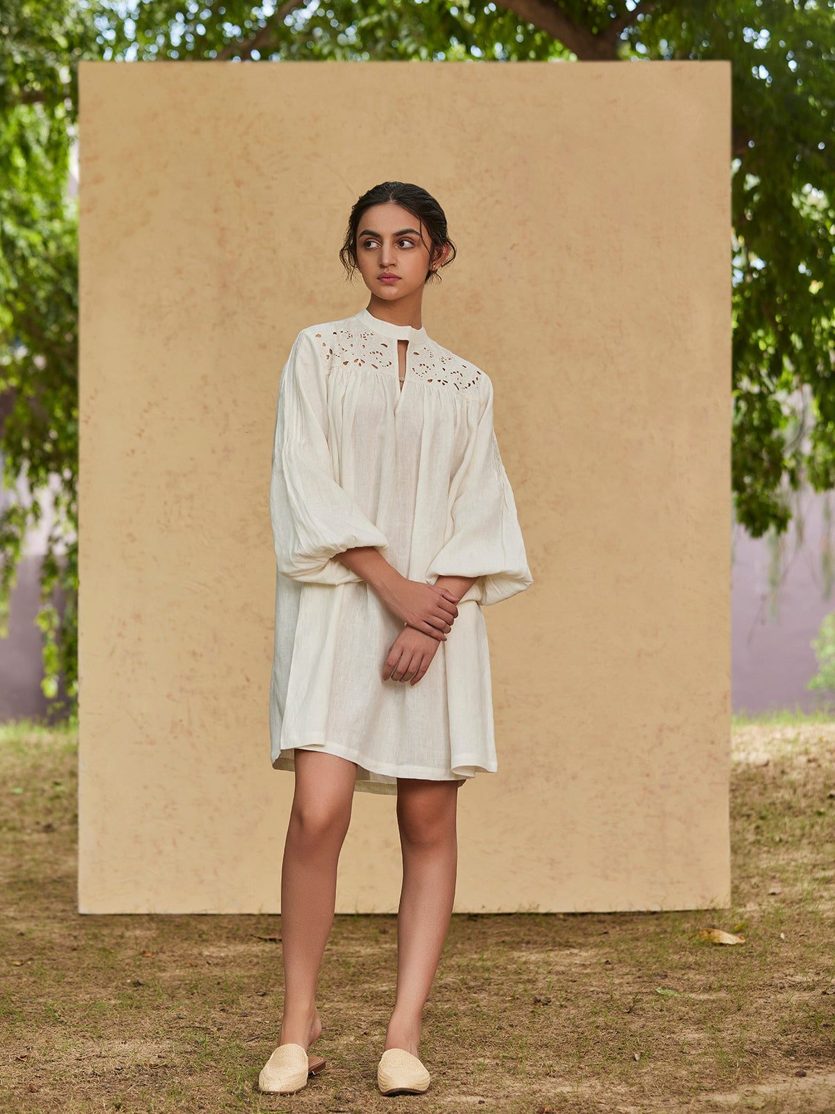 AEGLE - White Linen Dress with Handcrafted Embroidery