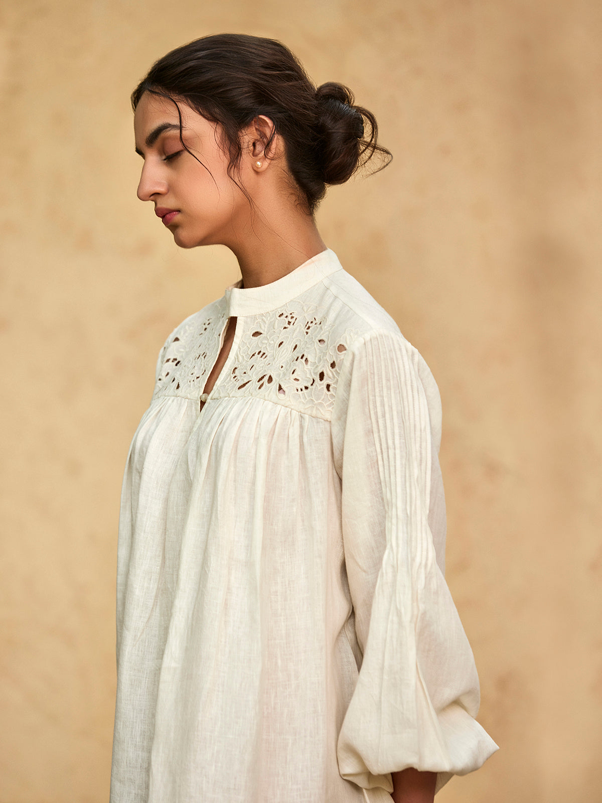 AEGLE - White Linen Dress with Handcrafted Embroidery thumbnail 2
