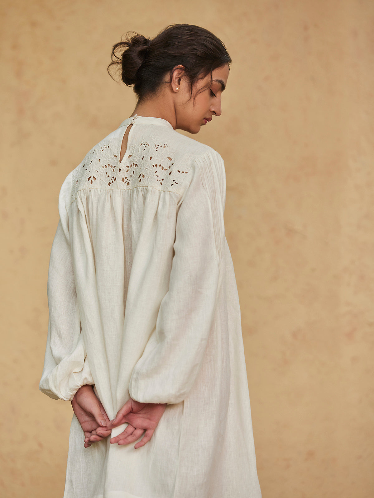 AEGLE - White Linen Dress with Handcrafted Embroidery thumbnail 3
