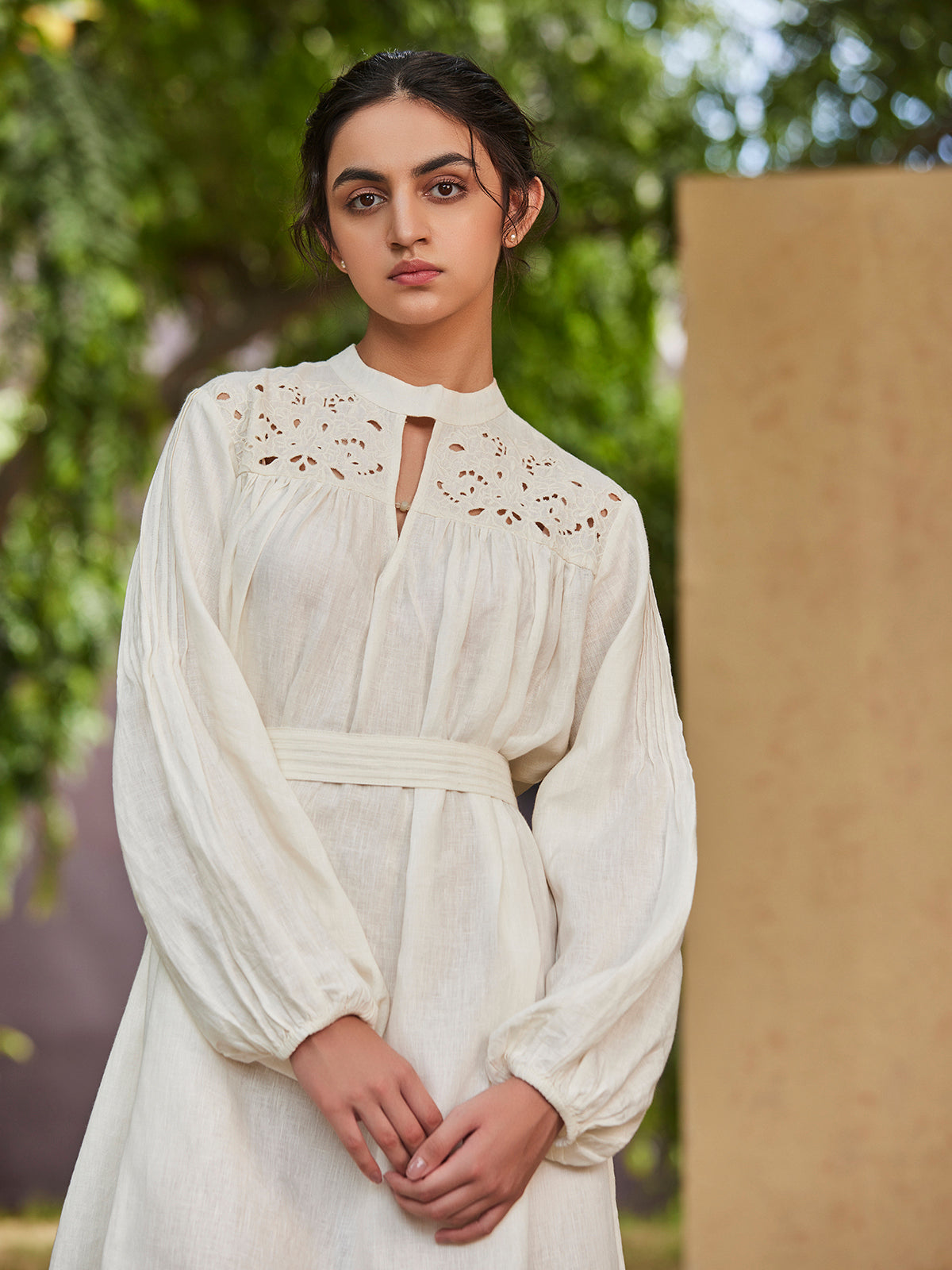 AEGLE - White Linen Dress with Handcrafted Embroidery thumbnail 4