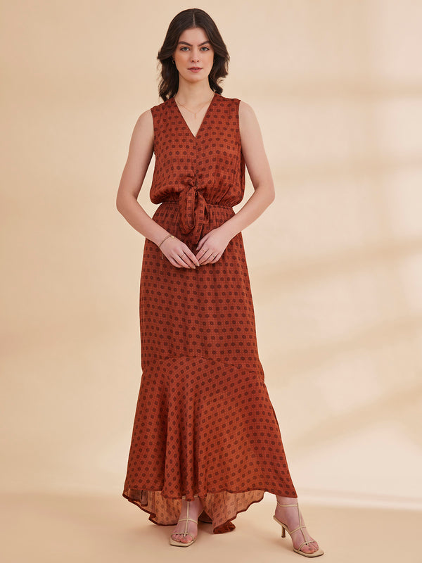 MEDINA - Printed Sleeveless Crinkle Satin Chiffon Brown Maxi Dress with Frill