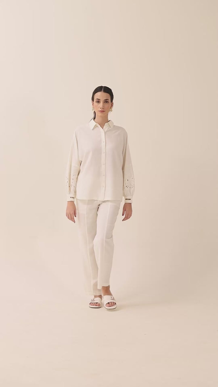 AESON - Linen Shirt with Cutwork Embroidered Sleeves